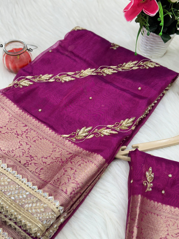 Shahi Magenta Pink Aada Zardozi Handwork Tissue Silk Saree