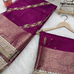Shahi Magenta Pink Aada Zardozi Handwork Tissue Silk Saree