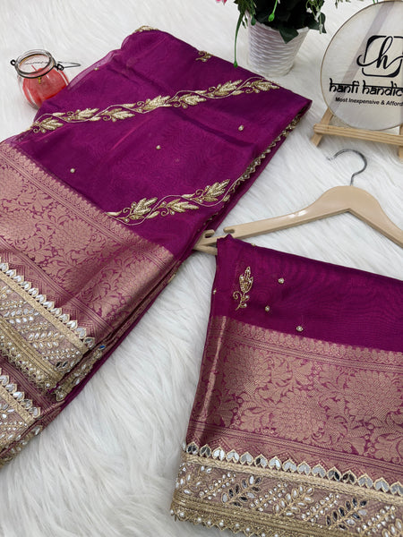 Shahi Magenta Pink Aada Zardozi Handwork Tissue Silk Saree