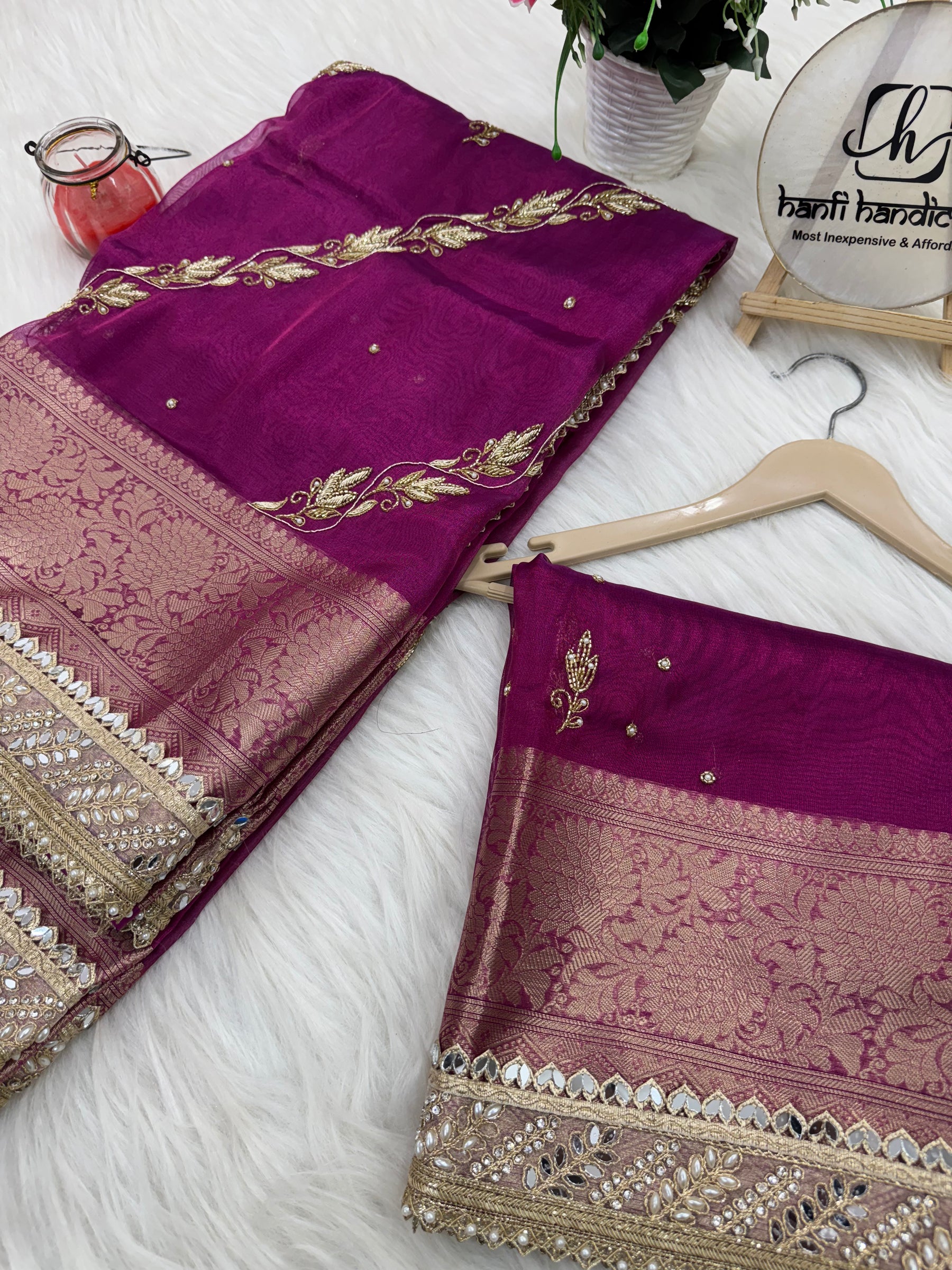 Shahi Magenta Pink Aada Zardozi Handwork Tissue Silk Saree