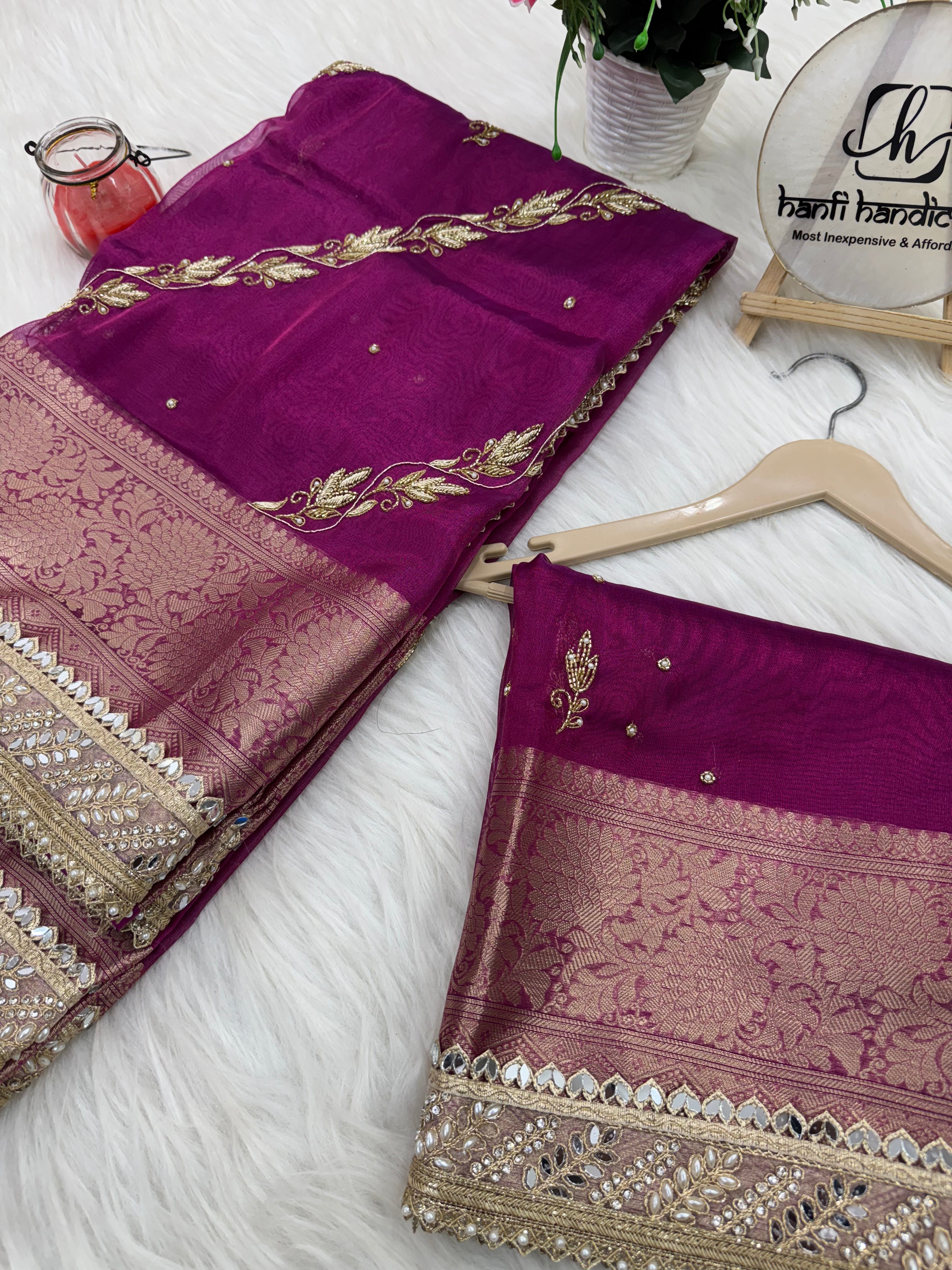Shahi Magenta Pink Aada Zardozi Handwork Tissue Silk Saree
