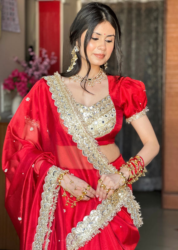 Royal Red Gul-e-Zar Flower Pearl Moti Handwork Saree