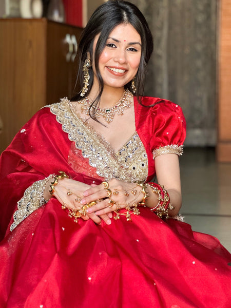 Royal Red Gul-e-Zar Flower Pearl Moti Handwork Saree