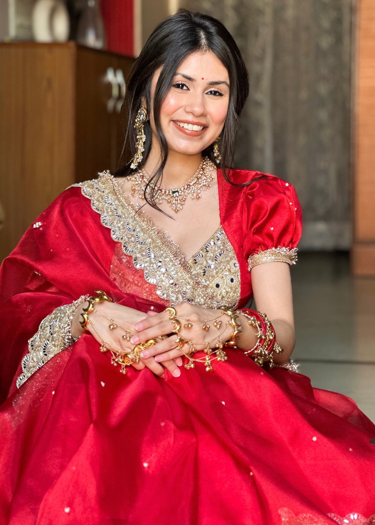 Royal Red Gul-e-Zar Flower Pearl Moti Handwork Saree