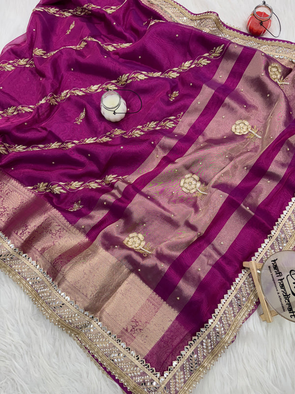 Shahi Magenta Pink Aada Zardozi Handwork Tissue Silk Saree