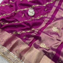 Shahi Magenta Pink Aada Zardozi Handwork Tissue Silk Saree