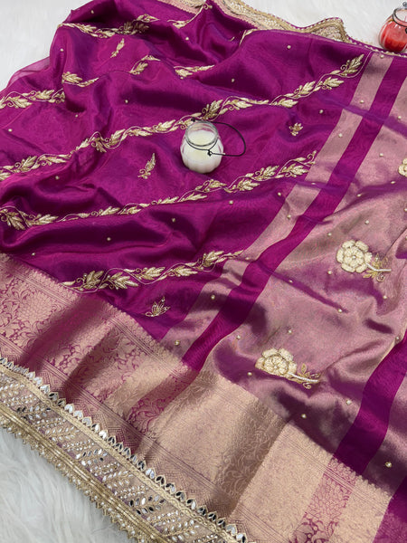 Shahi Magenta Pink Aada Zardozi Handwork Tissue Silk Saree