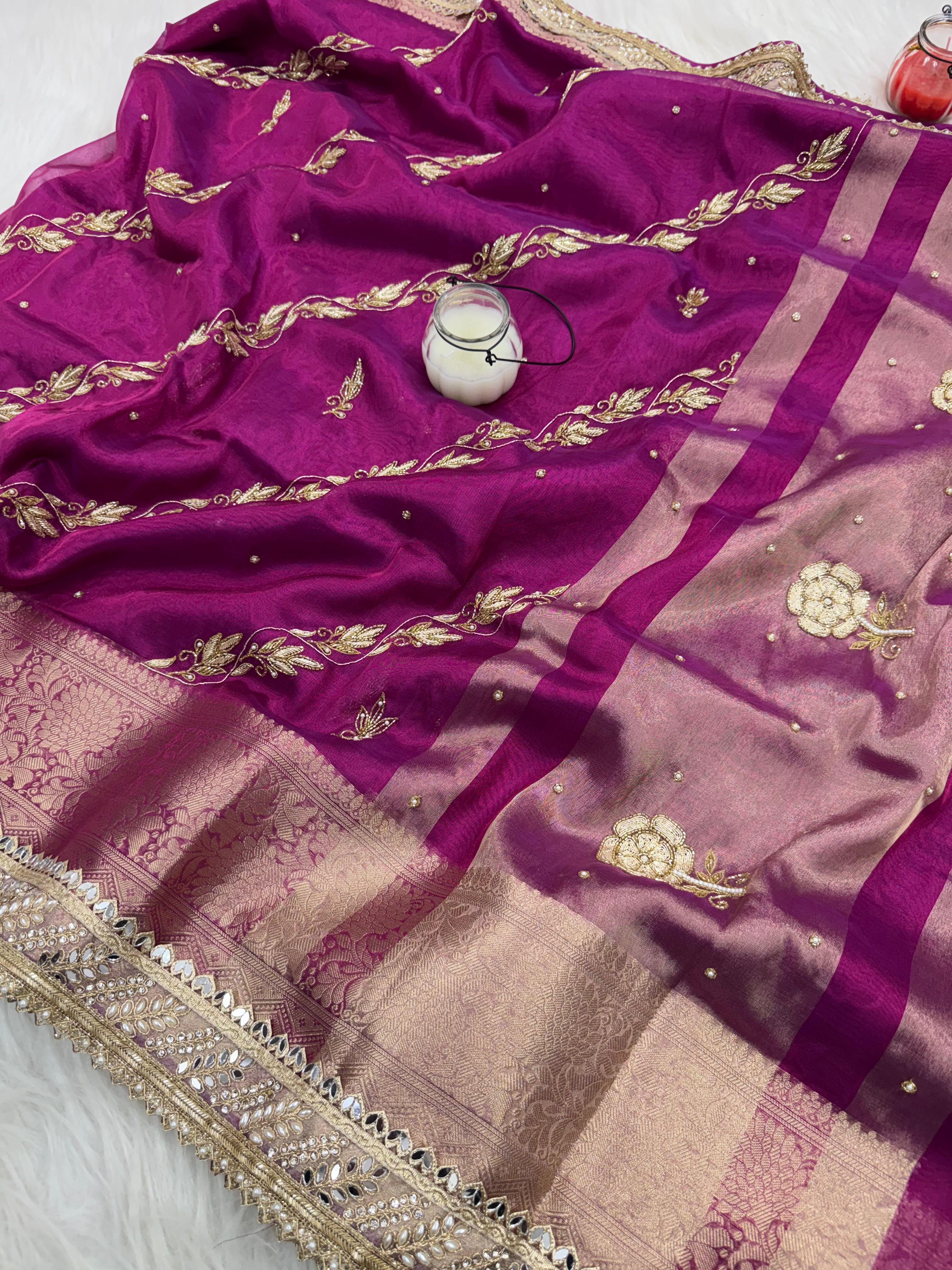 Shahi Magenta Pink Aada Zardozi Handwork Tissue Silk Saree