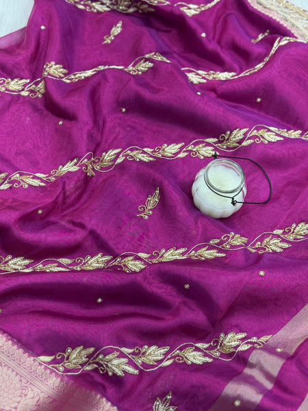 Shahi Magenta Pink Aada Zardozi Handwork Tissue Silk Saree