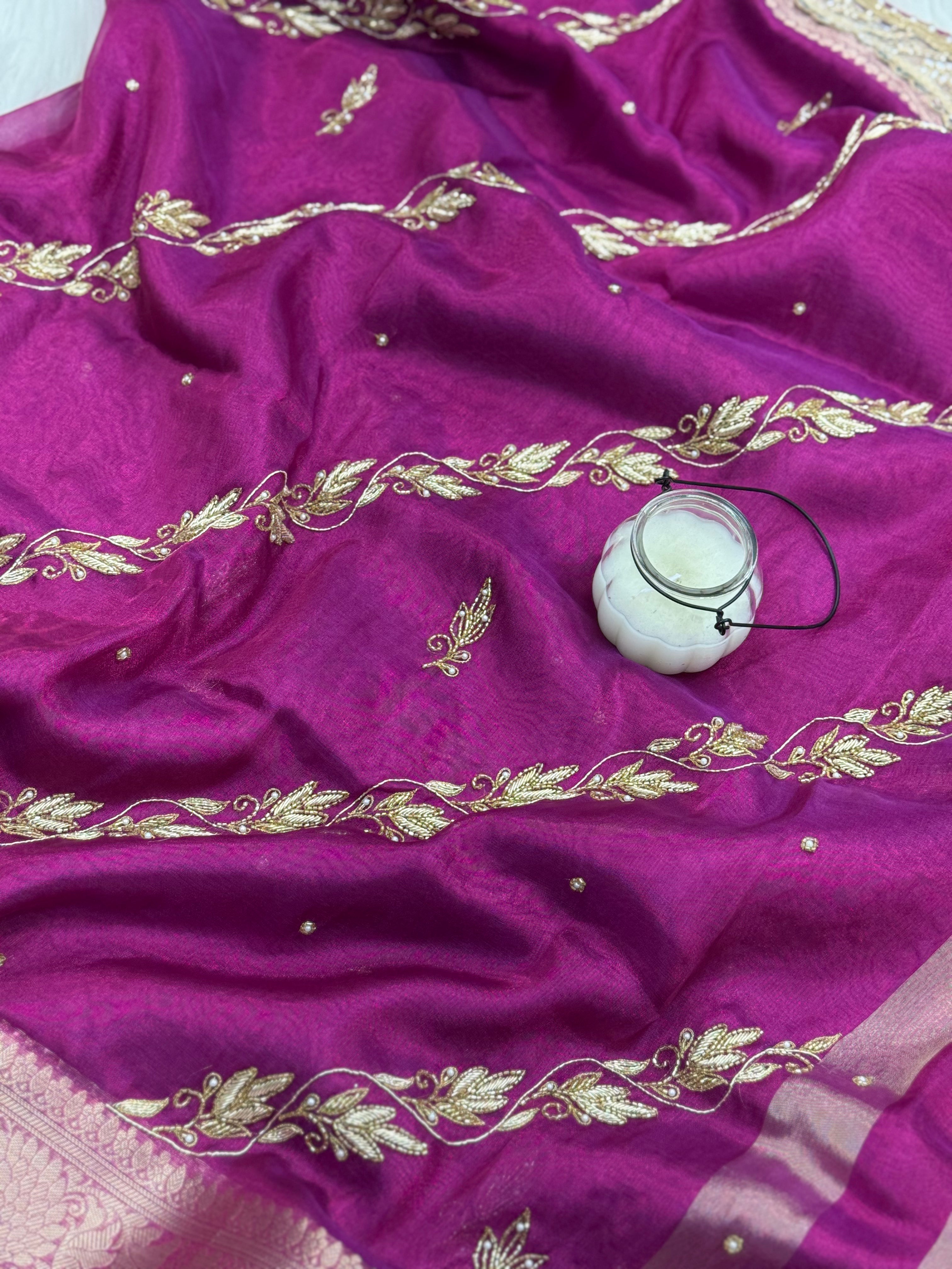 Shahi Magenta Pink Aada Zardozi Handwork Tissue Silk Saree