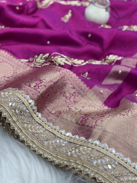 Shahi Magenta Pink Aada Zardozi Handwork Tissue Silk Saree