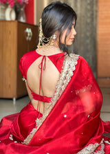 Royal Red Gul-e-Zar Flower Pearl Moti Handwork Saree