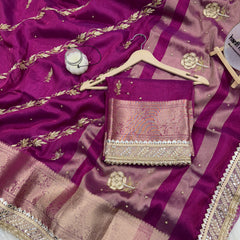 Shahi Magenta Pink Aada Zardozi Handwork Tissue Silk Saree