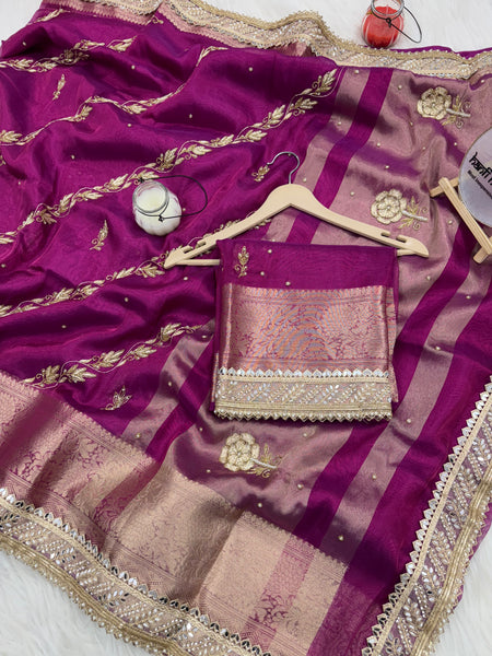 Shahi Magenta Pink Aada Zardozi Handwork Tissue Silk Saree
