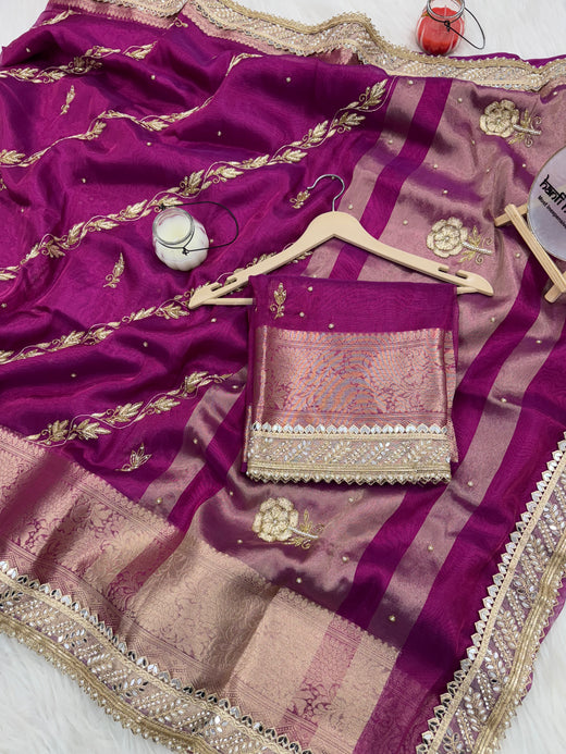 Shahi Magenta Pink Aada Zardozi Handwork Tissue Silk Saree