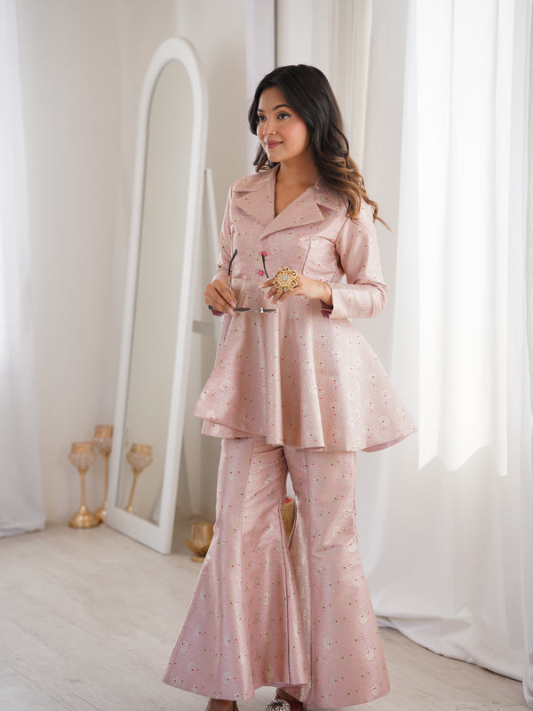 Pastel Pink Brocade Peplum Top Co-ord Set with Flared Pants