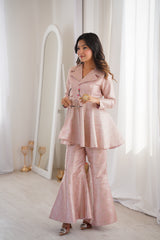 Pastel Pink Brocade Peplum Top Co-ord Set with Flared Pants