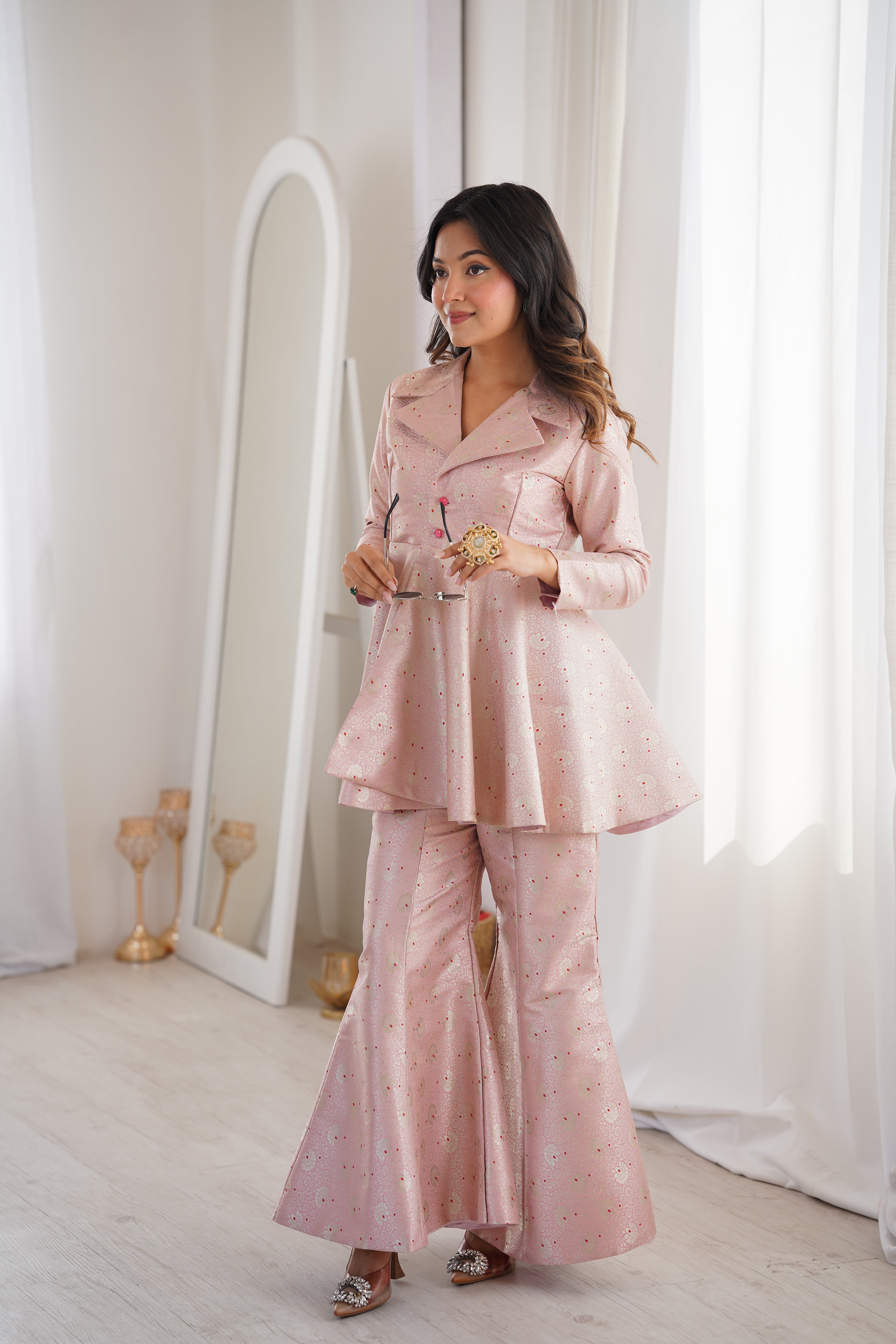Pastel Pink Brocade Peplum Top Co-ord Set with Flared Pants