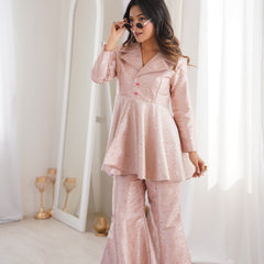 Pastel Pink Brocade Peplum Top Co-ord Set with Flared Pants