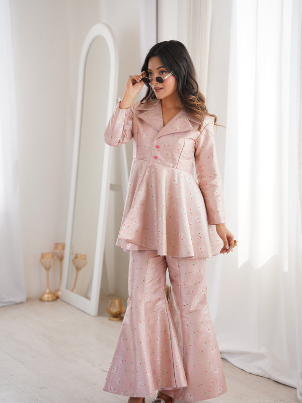 Pastel Pink Brocade Peplum Top Co-ord Set with Flared Pants