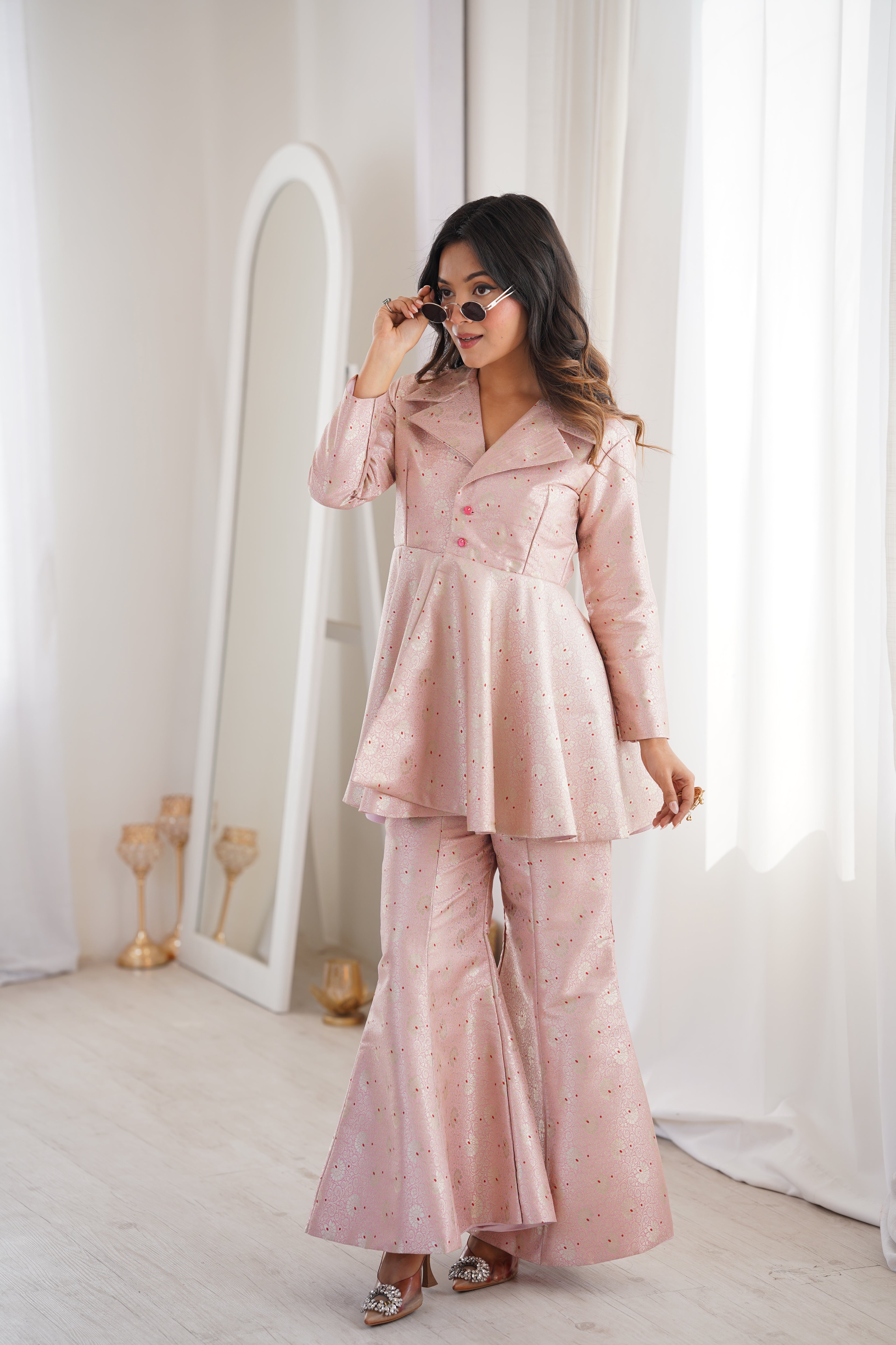 Pastel Pink Brocade Peplum Top Co-ord Set with Flared Pants