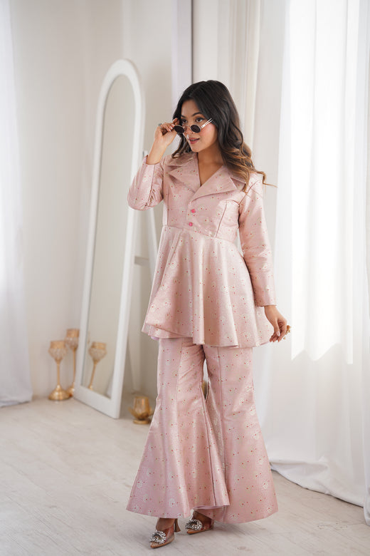 Pastel Pink Brocade Peplum Top Co-ord Set with Flared Pants
