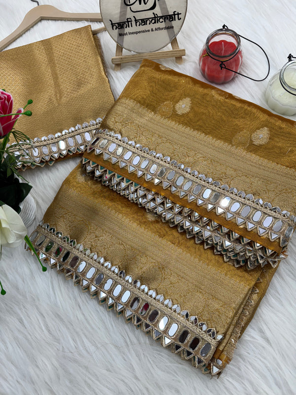 Mustard Gold Banarasi Varnika Tissue Silk Mirror Work Saree