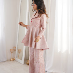 Pastel Pink Brocade Peplum Top Co-ord Set with Flared Pants