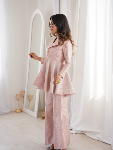 Pastel Pink Brocade Peplum Top Co-ord Set with Flared Pants