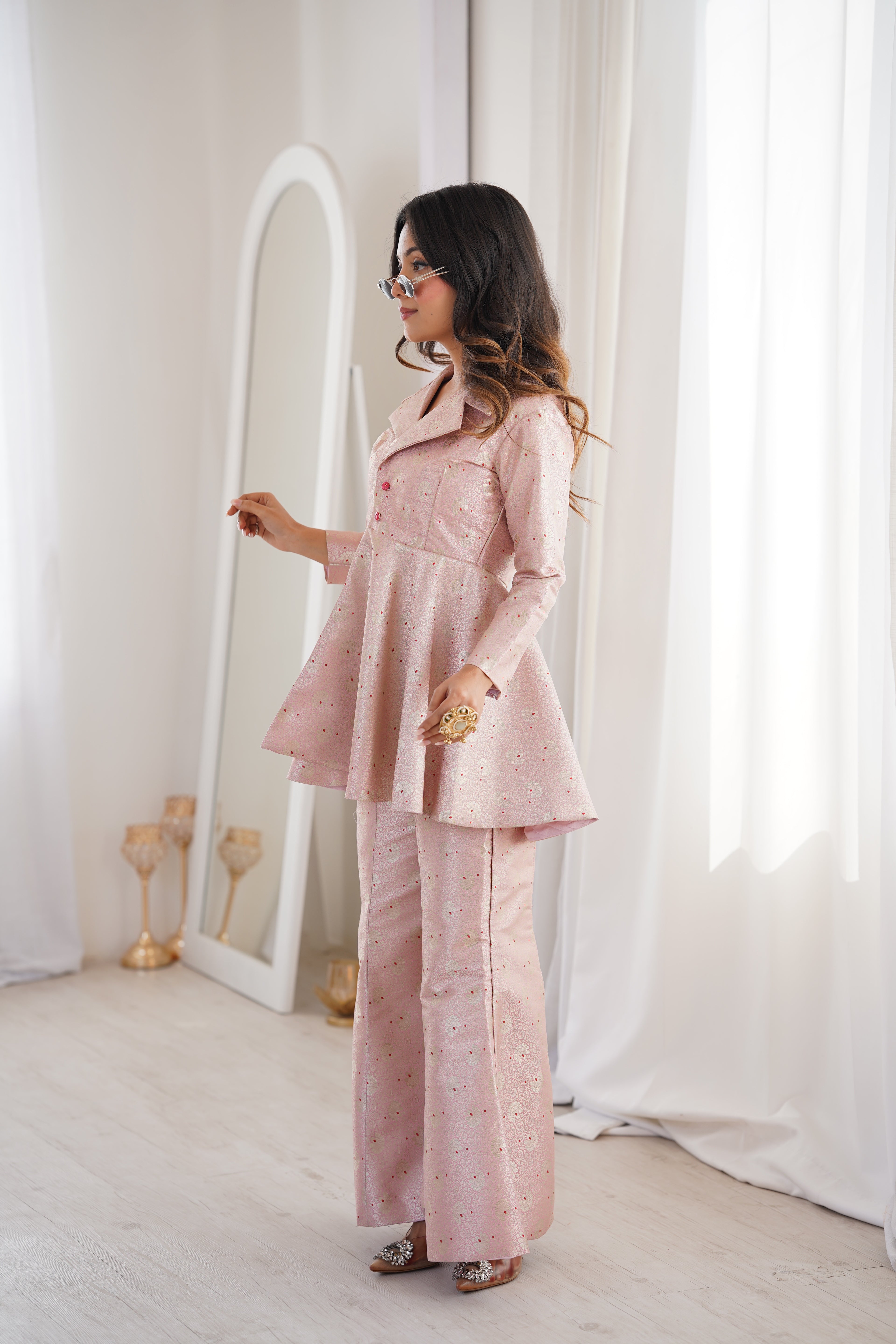 Pastel Pink Brocade Peplum Top Co-ord Set with Flared Pants