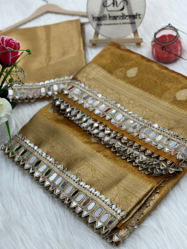 Mustard Gold Banarasi Varnika Tissue Silk Mirror Work Saree