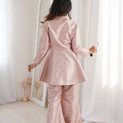Pastel Pink Brocade Peplum Top Co-ord Set with Flared Pants