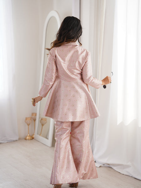 Pastel Pink Brocade Peplum Top Co-ord Set with Flared Pants