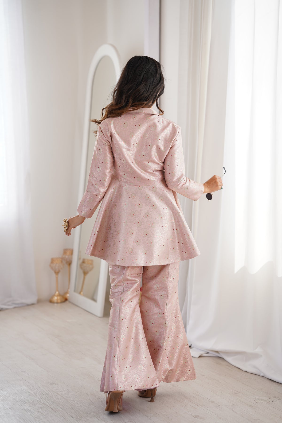Pastel Pink Brocade Peplum Top Co-ord Set with Flared Pants
