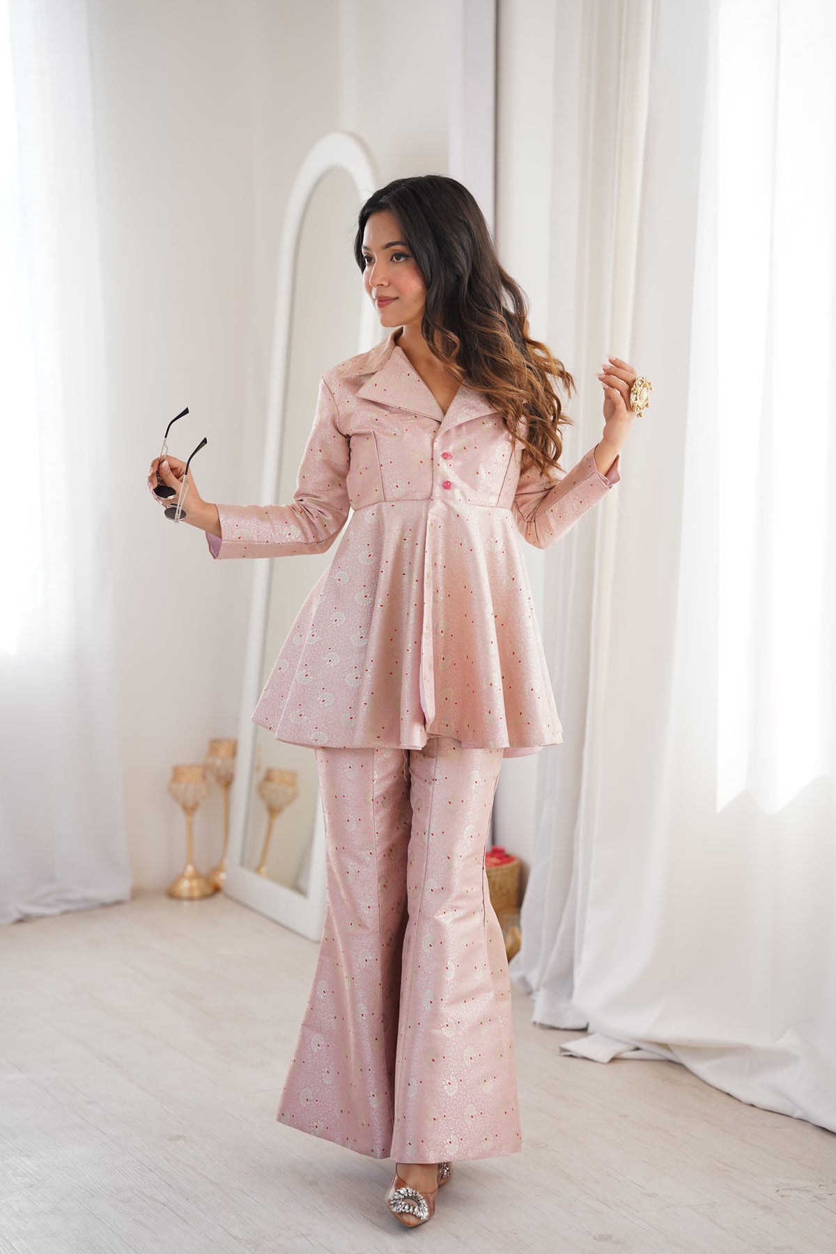 Pastel Pink Brocade Peplum Top Co-ord Set with Flared Pants