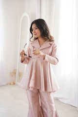Pastel Pink Brocade Peplum Top Co-ord Set with Flared Pants