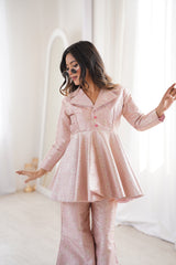 Pastel Pink Brocade Peplum Top Co-ord Set with Flared Pants