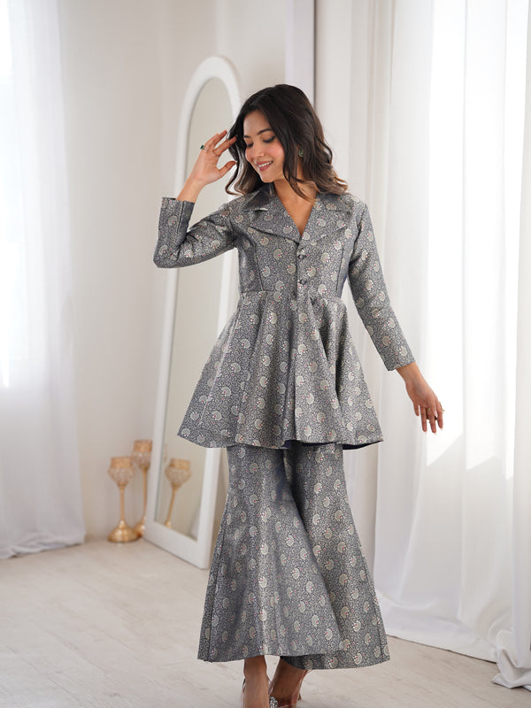 Navy Blue Brocade Peplum Top Co-ord Set with Flared Pants