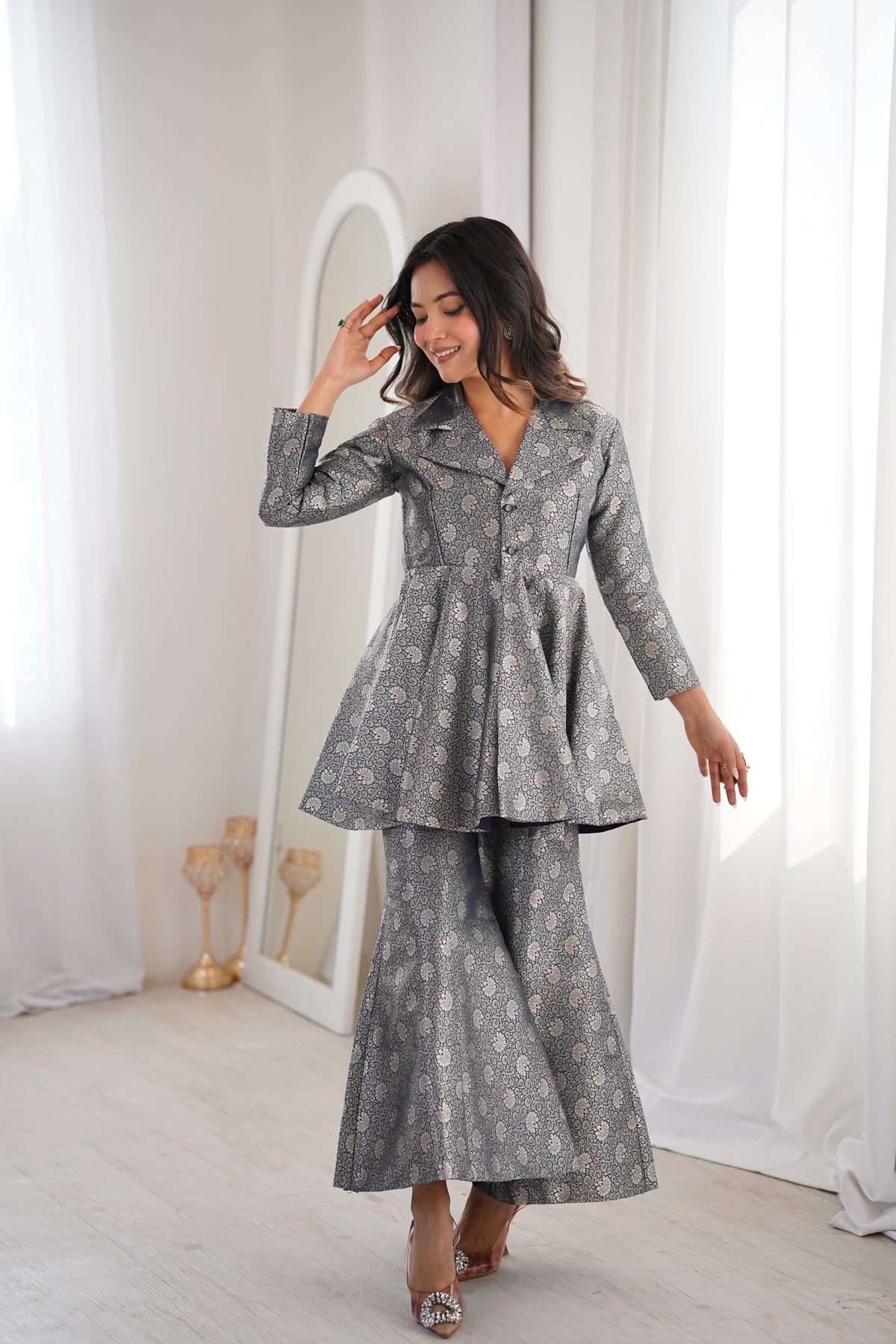Navy Blue Brocade Peplum Top Co-ord Set with Flared Pants