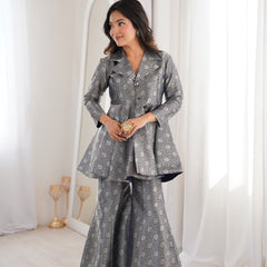 Navy Blue Brocade Peplum Top Co-ord Set with Flared Pants