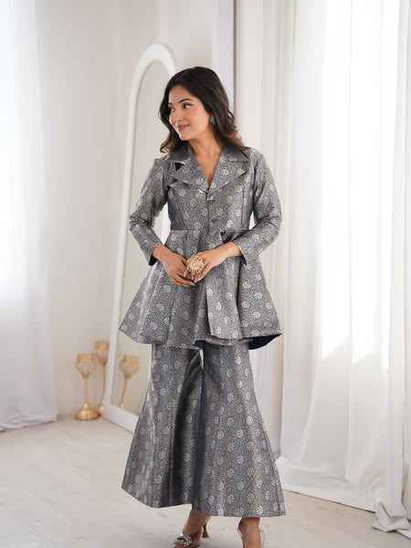 Navy Blue Brocade Peplum Top Co-ord Set with Flared Pants