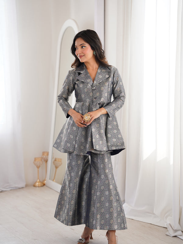 Navy Blue Brocade Peplum Top Co-ord Set with Flared Pants