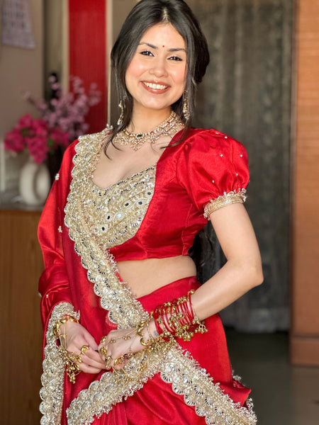 Royal Red Gul-e-Zar Flower Pearl Moti Handwork Saree