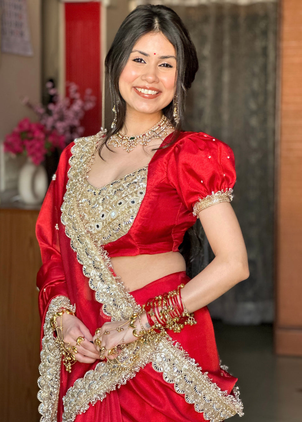 Royal Red Gul-e-Zar Flower Pearl Moti Handwork Saree
