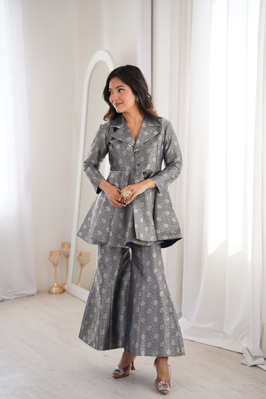 Navy Blue Brocade Peplum Top Co-ord Set with Flared Pants