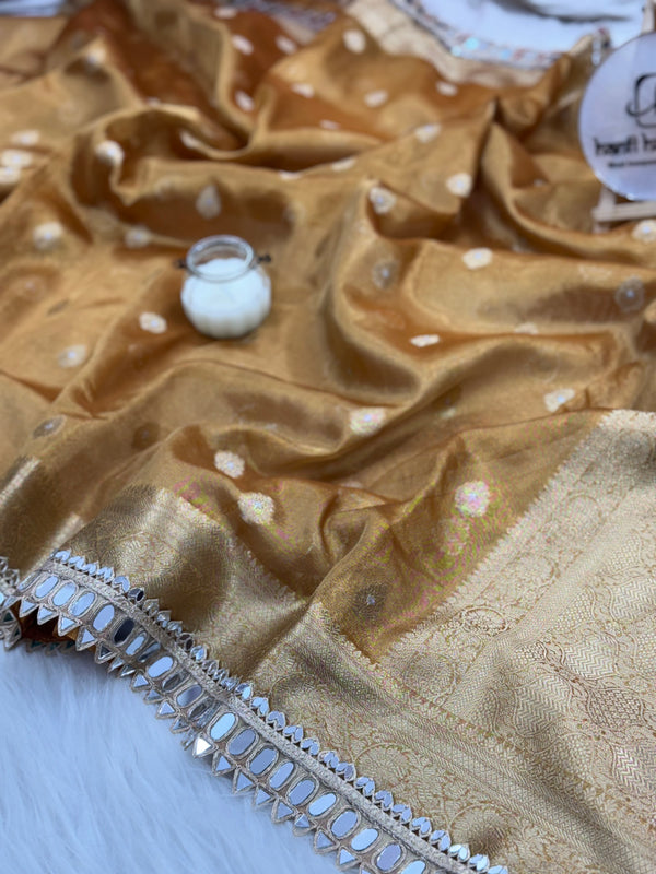 Mustard Gold Banarasi Varnika Tissue Silk Mirror Work Saree