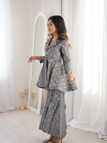 Navy Blue Brocade Peplum Top Co-ord Set with Flared Pants