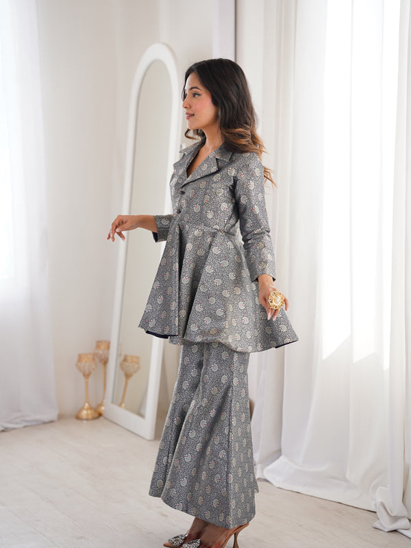 Navy Blue Brocade Peplum Top Co-ord Set with Flared Pants