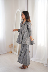 Navy Blue Brocade Peplum Top Co-ord Set with Flared Pants