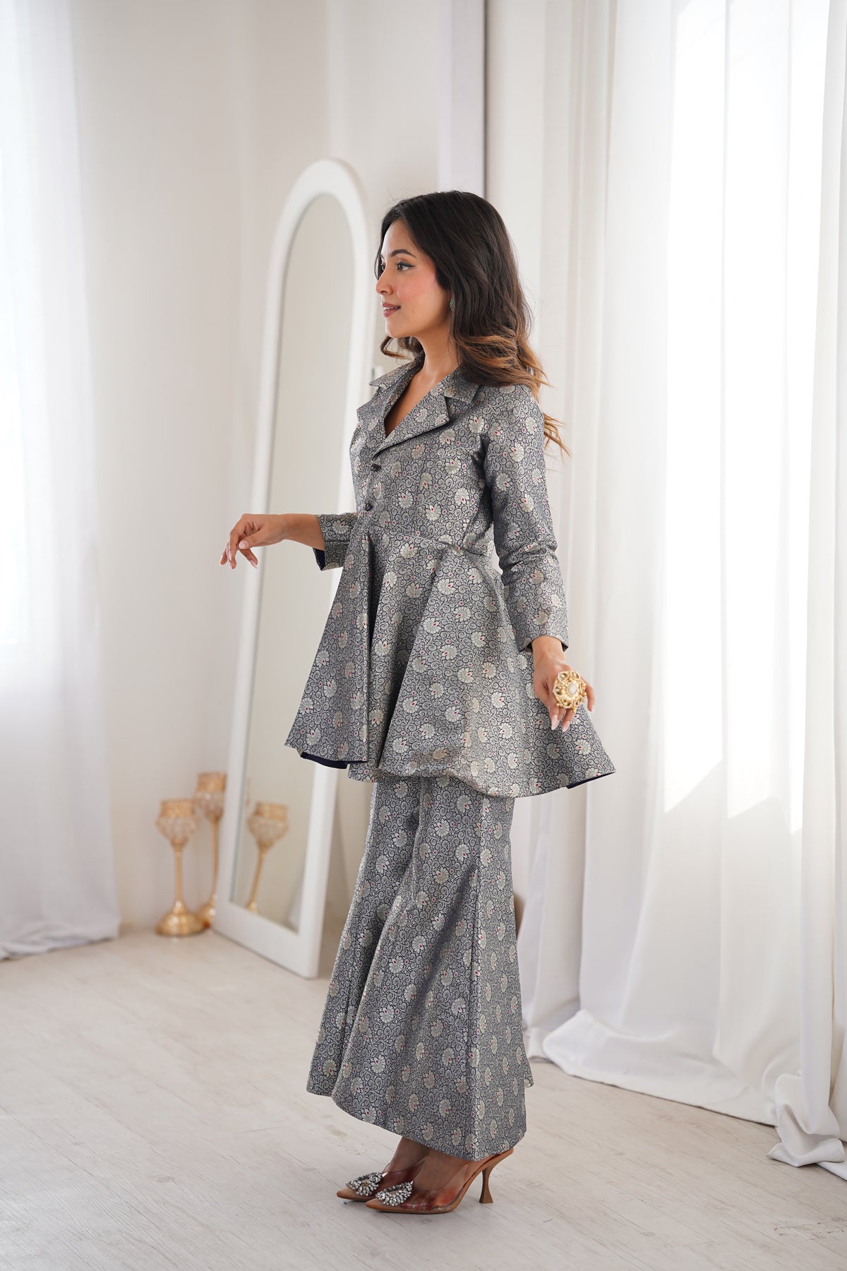 Navy Blue Brocade Peplum Top Co-ord Set with Flared Pants
